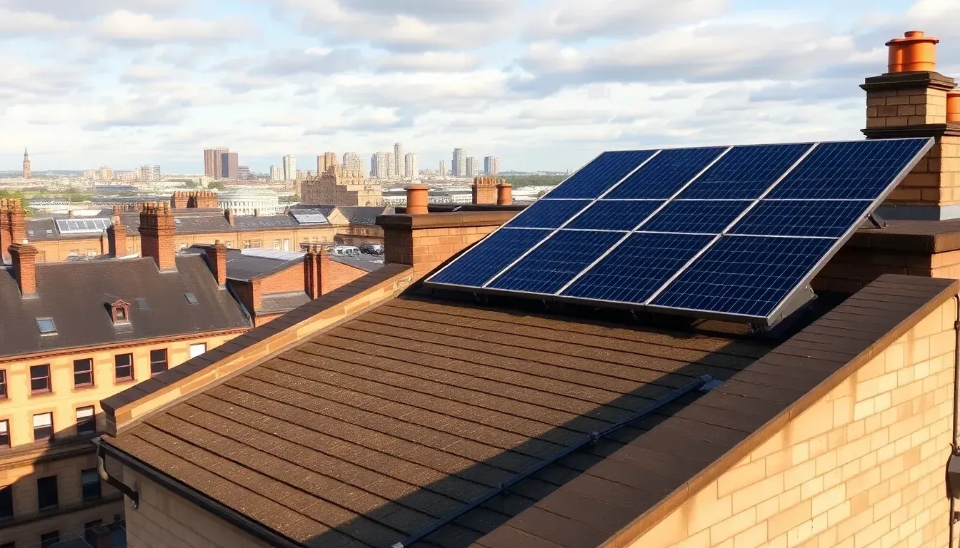 Solar panels installed on a rooftop in Glasgow, UK