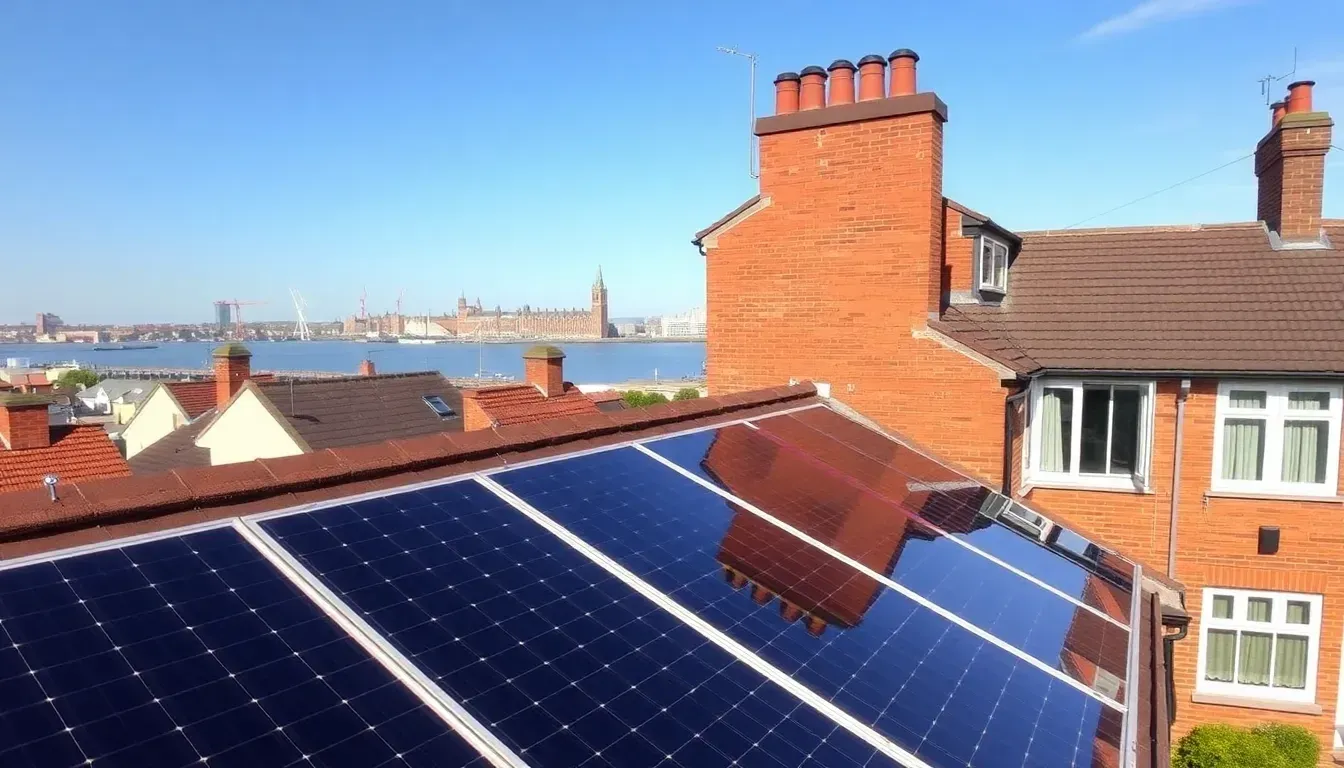 Solar panels installed on a rooftop in Liverpool, UK