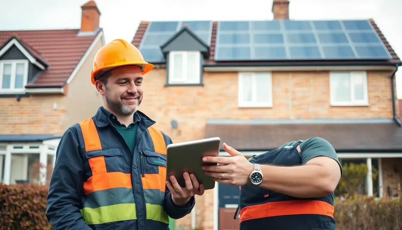 MCS-certified installer talking through a solar plan with a homeowner outside a British home