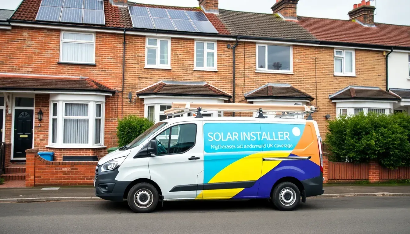 Map of the United Kingdom with a solar installer van and panels, representing nationwide coverage